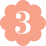 Peach flower-shaped badge with the number 3 in white.