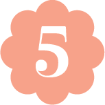 Peach flower-shaped badge with the number 5 in white.